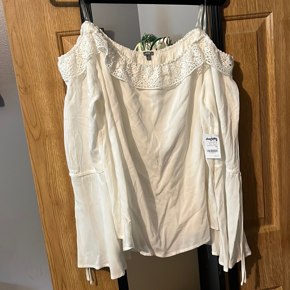 White Off the Shoulder Top with Lace on Shoulders and Bell Sleeves with Ties L
